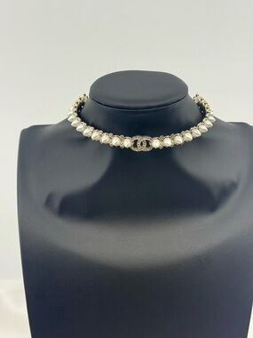 Chanel Crystal Studded Pearly White CC Choker Necklace